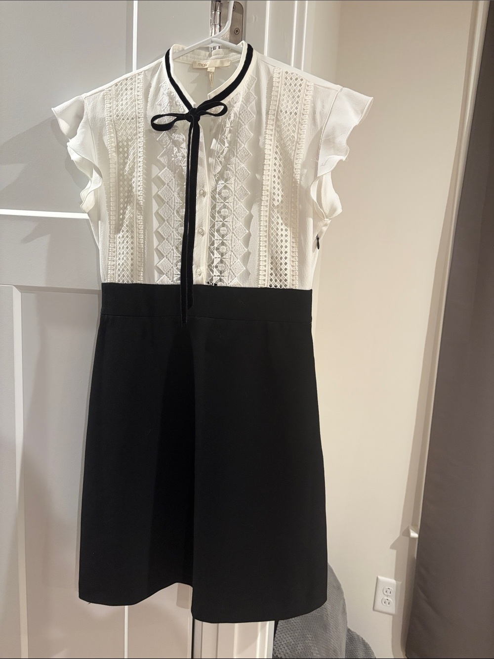 Maje White Lace Bodice Mini Dress with Black Skirt and Tie